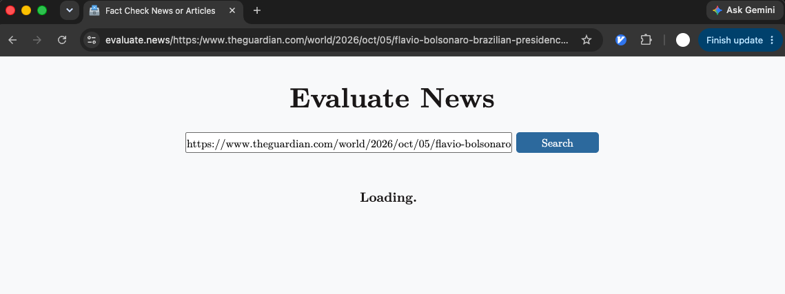 Evaluate News in a browser, with evaluate.news/ prefixed to a Guardian article URL. The link fills the search box and the page shows Loading.