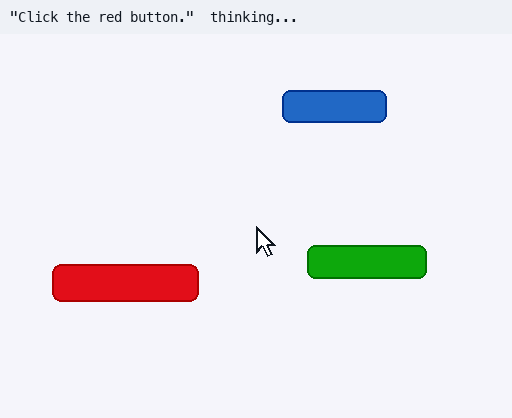 The trained model moving a cursor onto the red button in eight different scenes, hitting all eight.